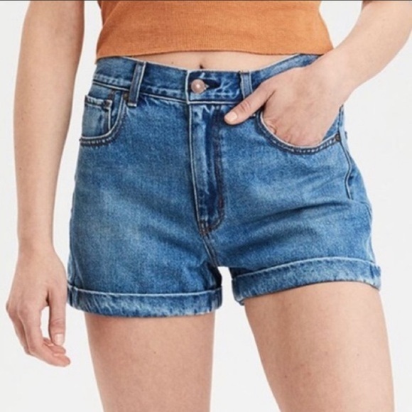 American Eagle High Rise Mom Shorts Denim Jean Cuffed Sz 4 - Picture 1 of 13